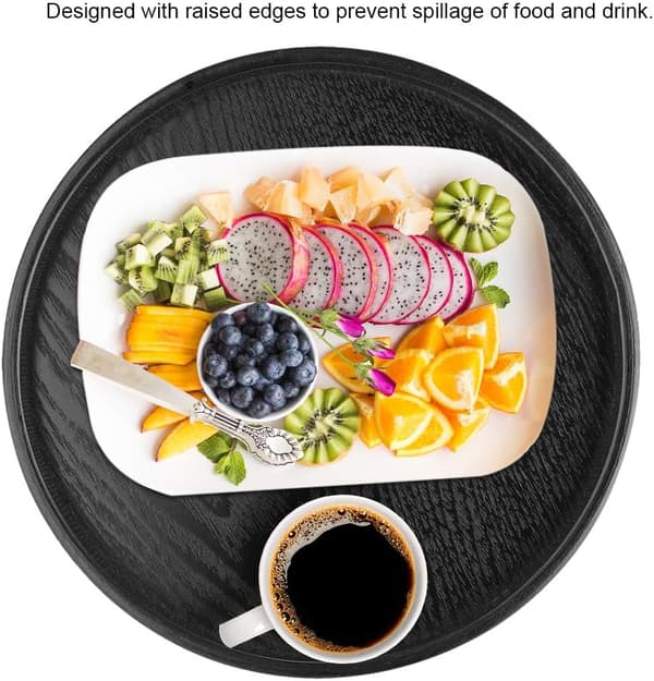 Rund serveringsbricka i massivt trä för te, kaffe, snacks, mat, måltid