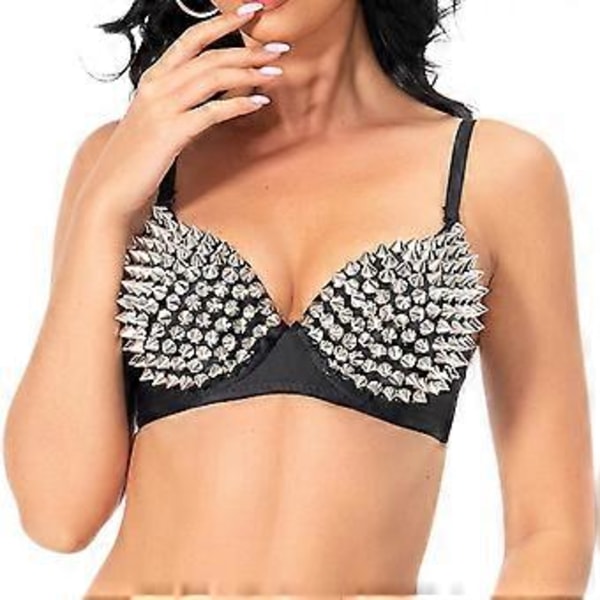 Nithäftad Korsett Handgjort Underkläder Lyx Push up BH för Klubbdamer Tjejer Show (XL svart silver)