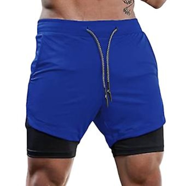 Mænds Løbeshorts Casual Udendørs Løse Multi-lomme Dobbeltlags Fitness Shorts til Fitness (XL 858 Royal Blå)