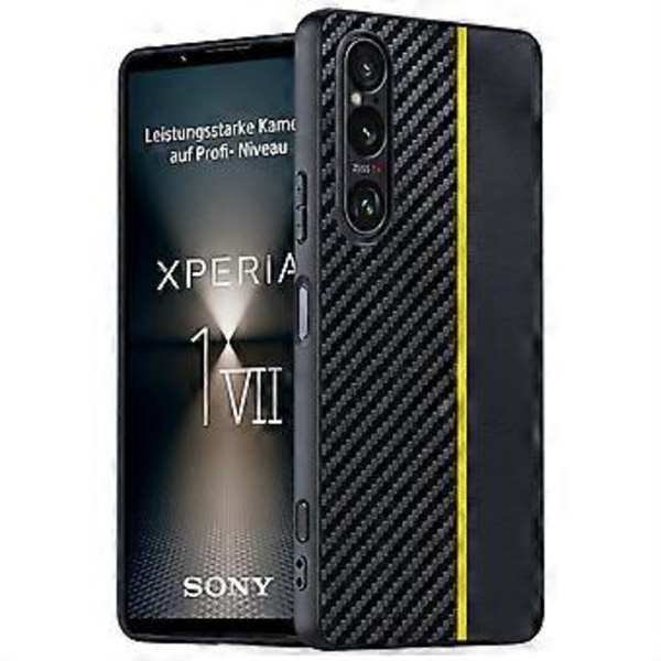 Til Sony Xperia 1 VII Etui Læder + PC Hårdt Telefon Cover Kulfiber Tekstur (Sort/Gul)