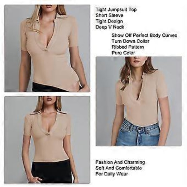 Åtsittande Jumpsuit Topp Slank Djup V-ringad Kortärmad Enfärgad Nedåtvänd Krage Ribbad En-delad Topp (XL Beige)