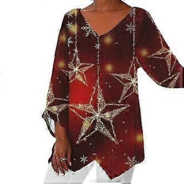 Dame Vår Høst Topp V-hals Ujevn Kant Midt-Lengde Langermet Løs Casual Pullover Blomsterprint Fargematching Pluss Størrelse Dame T-skjorte (3XL rød)