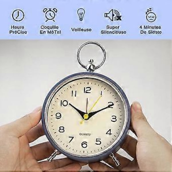 Analog väckarklocka för sovrum Tystgående med nattlampa Snooze 4,3'' rund retro väckarklocka