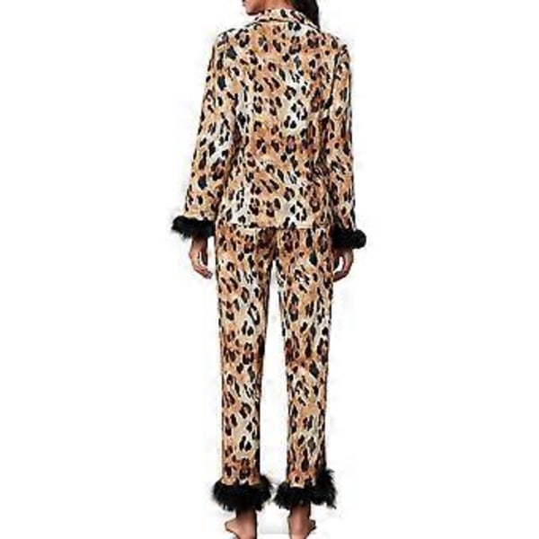 Kvinners Pysjamassett med Fjærkant, Lang Erme, Knappestopp, Todelt Lounge-sett, Satin Pjs, Pyjamas, Nattøy (S Leopard)