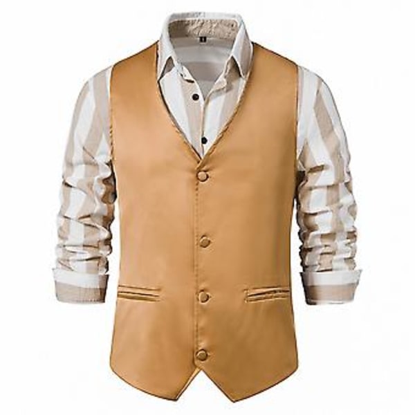 Herrar Solid V-ringad Casual Enkelknäppt Kostymväst Business Formal Kontorsväst Med Fickor (XL Khaki)