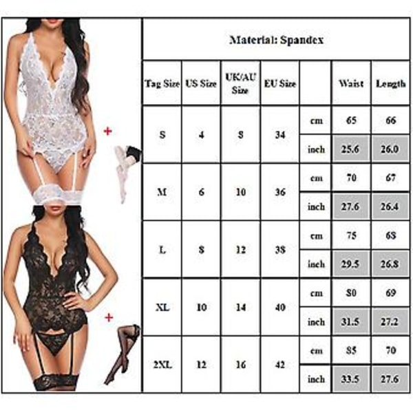 Kvinnlig Sexig Spets Lingerie Djup V Kors Rygg Bodysuit Med Strumpband Bälte Strumpor Babydoll Nattkläder (S Svart)