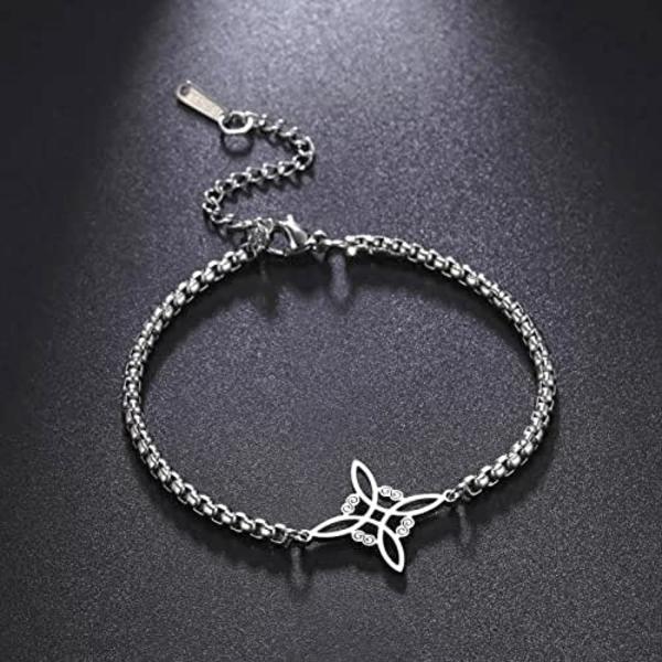 Häftigt armband med häxknut i rostfritt stål – Hednisk wicca-symbol – Magisk knut – 4-uddig keltisk knut – Häxkonstarmband för kvinnor