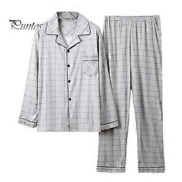 2 st/set Herr Pyjamas Set Rutigt Tryck Kavajslag Långärmad Enkelknäppt Skjorta Elastisk Midja Långbyxor Set Lös Passform Loungewear Kostym (XXXL ljusgrå)