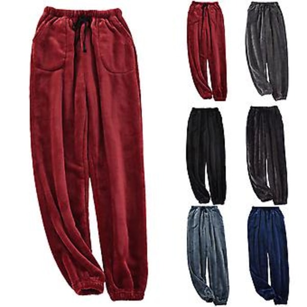 Män Byxor Pyjamas Raka Ankelbandade Enfärgad Fleece Tjock Kallsäker Snörning Fickor Män Byxor Hemkläder (L Blå)