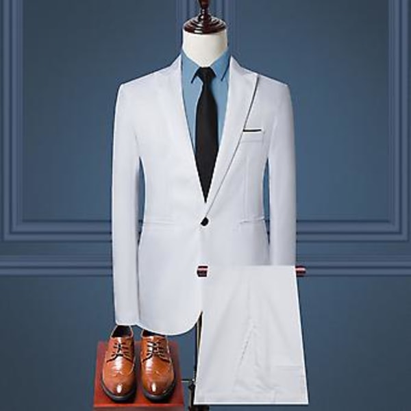 2-delt sæt til mænd - Ensfarvet, forretningsmæssigt, jakkesæt med revers, lange ærmer, enkeltknappet blazer, slank pasform, midterste talje, lange bukser (2XL Hvid)