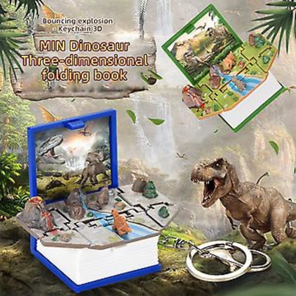 3D Dinosaur Bognøgle til Børn - Mini Foldbar Pop-up Dinosaur Verden i Gaveæske - Sjov Nøglering Legetøj (Blå)
