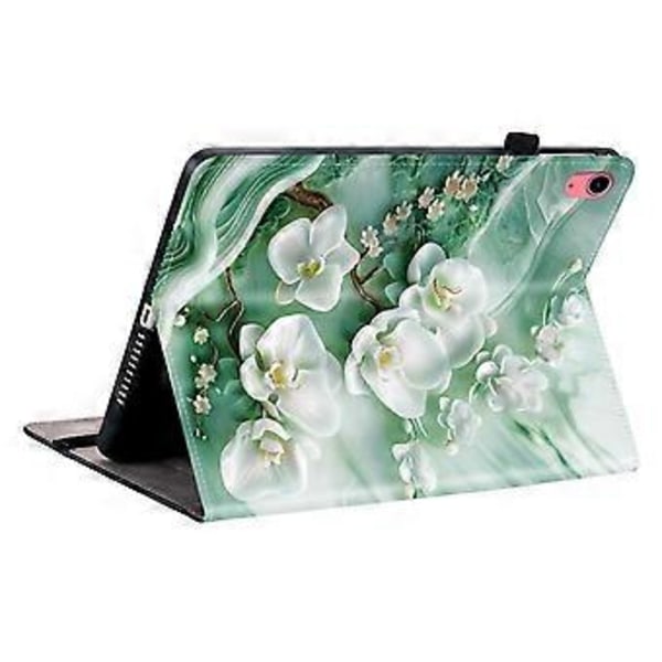 För iPad (2025) / 10.9 (2022) Läderfodral Mönstertryckt Ställ Tablet Skydd med Kortfack (Jadeblomma)