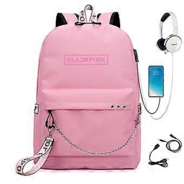 Svart Rosa Trykket USB Oppladbar Ryggsekk Casual Student Skoleveske (Rosa 2)