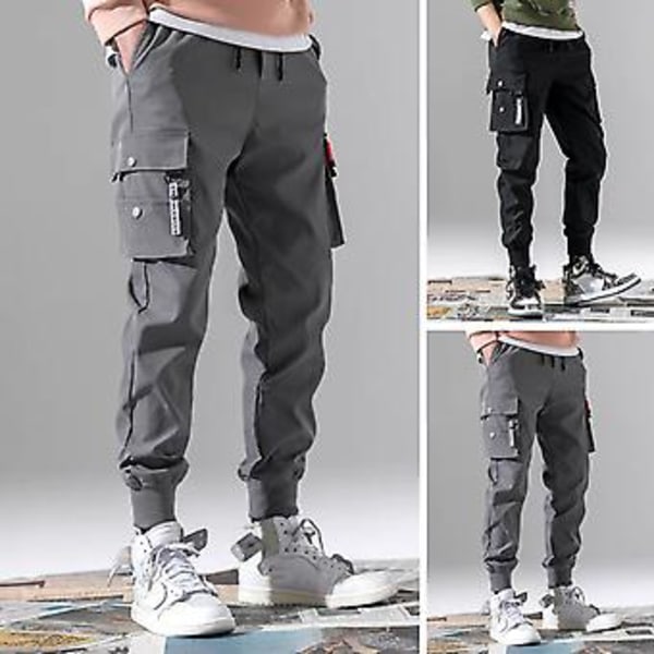 Mænds Sweatpants med Elastisk Linning, Snøretræk og Indtrækkelige Manchetter - Multilommer, Ensfarvet, Casual Cargobukser (2XL Sort)