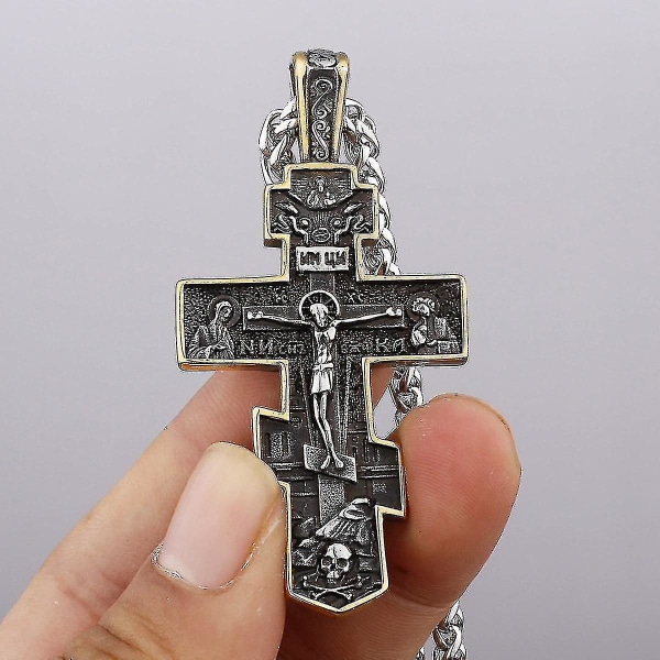 Jinzhaolai Orthodox Cross Necklace Women/men Religious Prayer Church Utensils Christ Jesus Pendant Long Chain Gold