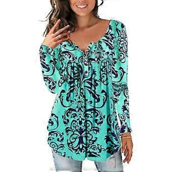 Dame Paisley-printet Knap Top Langærmet V-hals Plisseret Casual Flare Tunika Løs Bluse Skjorte (XX Large Grøn)