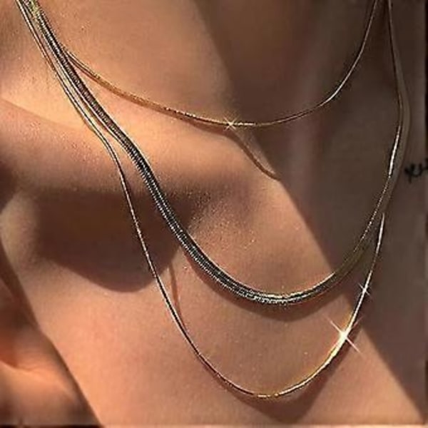 Haringbenskedja Lagerad Halsband, 18K Guld/Silverpläterad Ormkedja Lång Choker Halsband Smalt Kedjehalsband för Kvinnor Flickor Guld Smycken Presenter