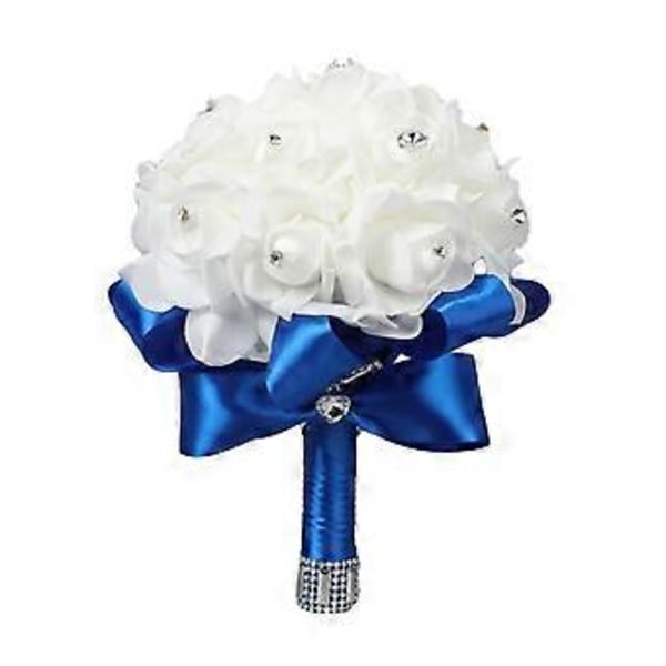 Kunstig Brudebuket, Rosebuket til Brud og Brudepiger med Krystaldiamant Bløde Bånd, Brudepiger Holder Blomster (Mørkeblå)
