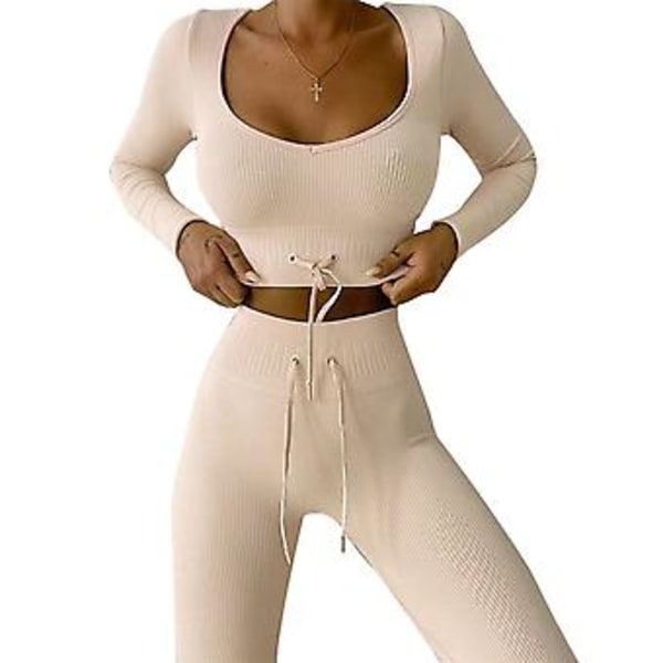 Træningsdragt til kvinder med snøretræk, sømløs langærmet top, ribber, højtaljede leggings, afslappet outfit, træningsdragt (S Orange)