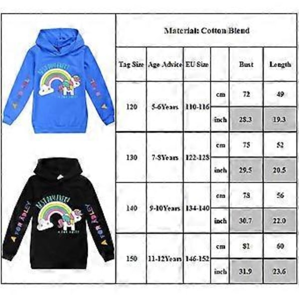 Barnens Långärmad Huvtröja A för Adley Regnbågsenhörning Tryckt Hoodies Toppar (9-10 År Svart)