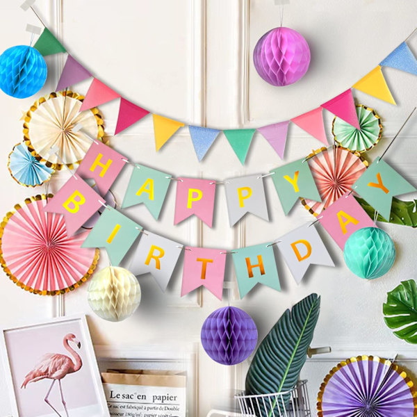 Pastell Födelsedagsfest Dekorationer, Macaron Grattis på Födelsedagen Banner, Vimpel, Hängande Pappersfläktar, Pom Poms, Honeycomb Dekorationer Set För Flickor Och Kvinnor