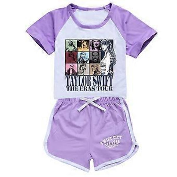 11-16 År Børn Teenagere Drenge Piger Taylor Swift Printet T-shirt + Shorts Sommer Loungewear Sports Sæt Gave -NMAOV(11-12 År Lilla)
