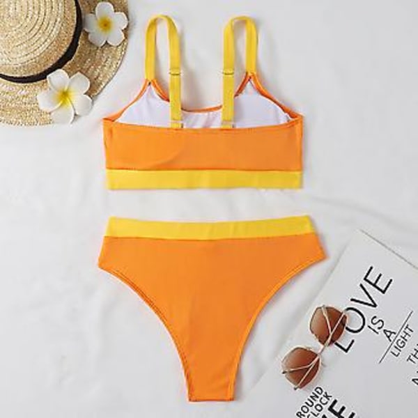 Damernas Baddräkt Sommar Färgblock Ribbad Bikini Vadderad Baddräkt Strandkläder Baddräkt (XL Orange)