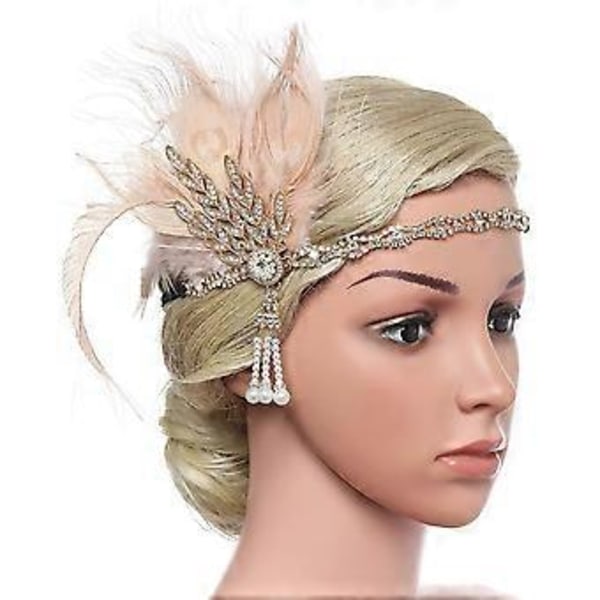 Art Deco Flapper Blad Bryllup Brude Tiara Perle Hodeplagg Hodebånd Med fjær