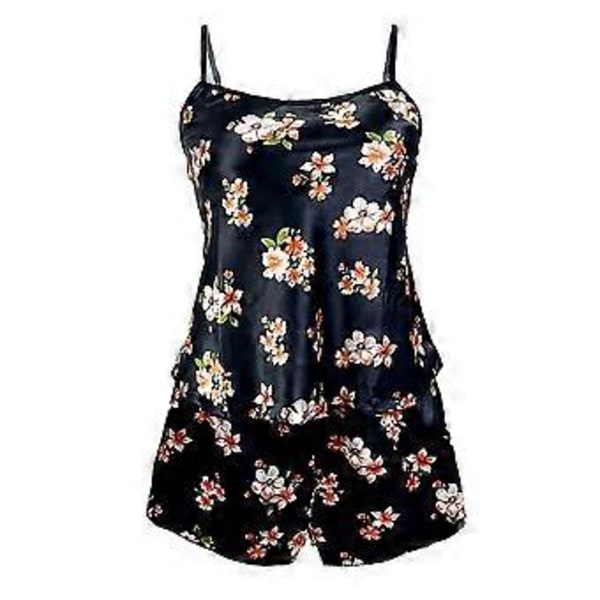 2-delt Satin Pyjamasæt til Kvinder - Sexy Sling Top og Elastisk Talje Shorts - Blomsterprint Natskjorte (S sort)