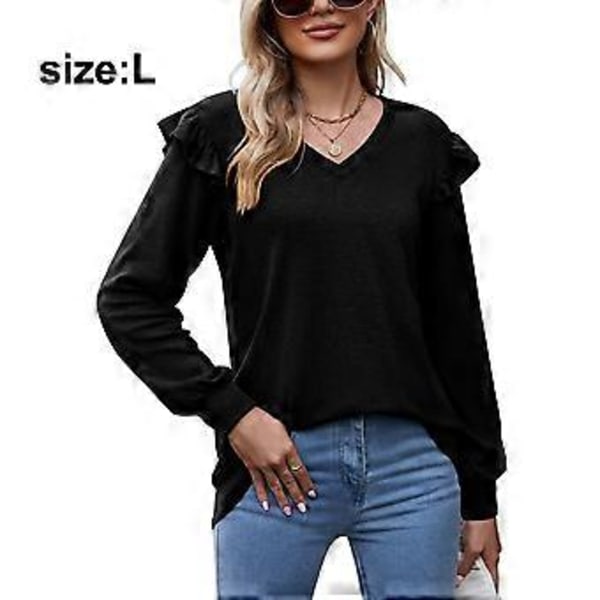 Løs afslappet flyveærme flæse V-hals langærmet T-shirt sort (L)