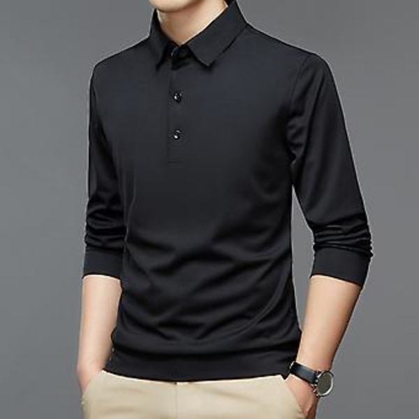 Fianao Knappar Halsring Långärmad Enfärgad Herrskjorta Höst Slim Fit Krage Kontor Tröja (3XL Svart)