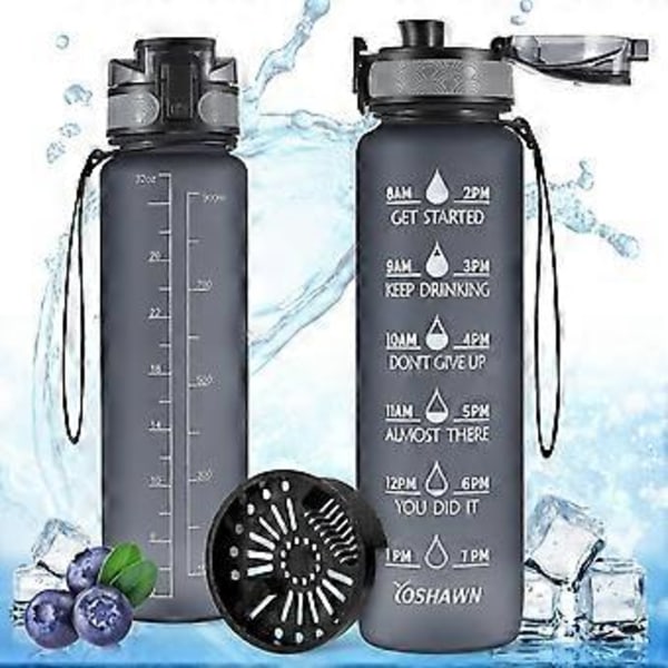 Sports Drikkeflaske 1 Liter, BPA-fri Vannflaske med Motiverende Tidsmarkør for Camping, Fitness, Gym (Grå)