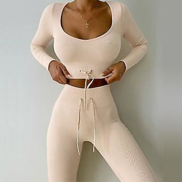 Træningsdragt til kvinder med snøretræk, sømløs langærmet top, ribber, højtaljede leggings, afslappet outfit, træningsdragt (S Orange)