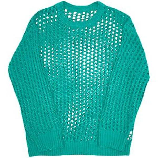 Herrarnas Ihåliga Topp Mesh Fishnet Enfärgad Rund Hals Lös Långärmad Clubwear Hip Hop Genomskinlig Elastisk Tröja Party Topp (L Cyan)