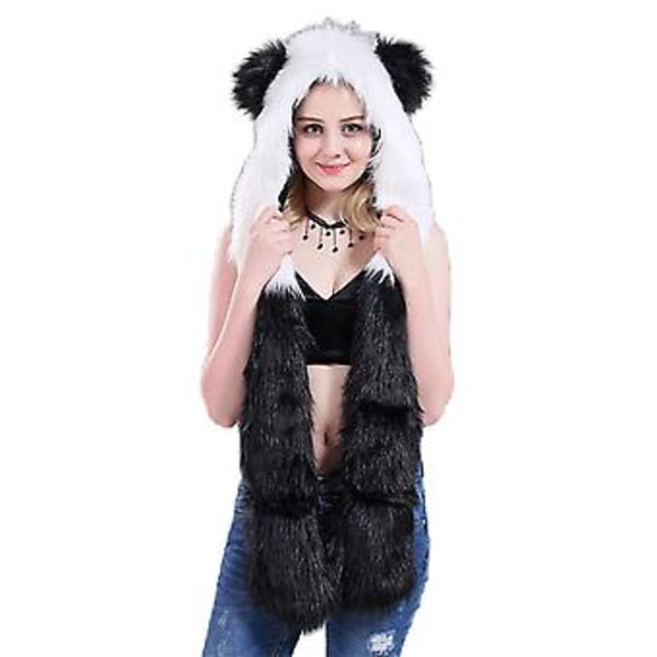 Women Winter 3 In 1 Faux Fur Animal Hood Hat Scarf Gloves Fluffy Snood Warm Soft Pockets Gift( B)