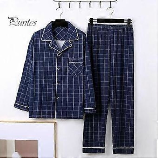 2 st/set Herr Pyjamas Set Rutigt Tryck Kavajslag Långärmad Enkelknäppt Skjorta Elastisk Midja Långbyxor Set Lös Passform Loungewear Kostym (L mörkgrön)