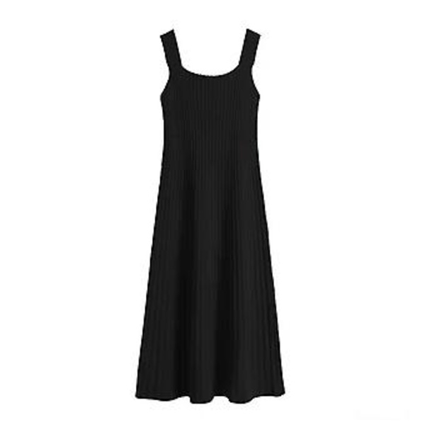 Sommerkjole for kvinner - Stripete, plisserte A-linje, camisole-stropp, lang kjole (M Svart)