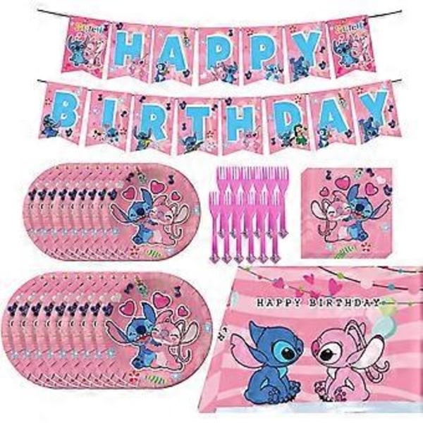 Vaaleanpunainen Lilo ja Stitch -syntymäpäiväjuhlatarvikkeet, vaaleanpunainen teemajuhlan koristeet ja suosiotuotteet sisältävät Onnea syntymäpäiväksi -bannerin, pöytäliinan