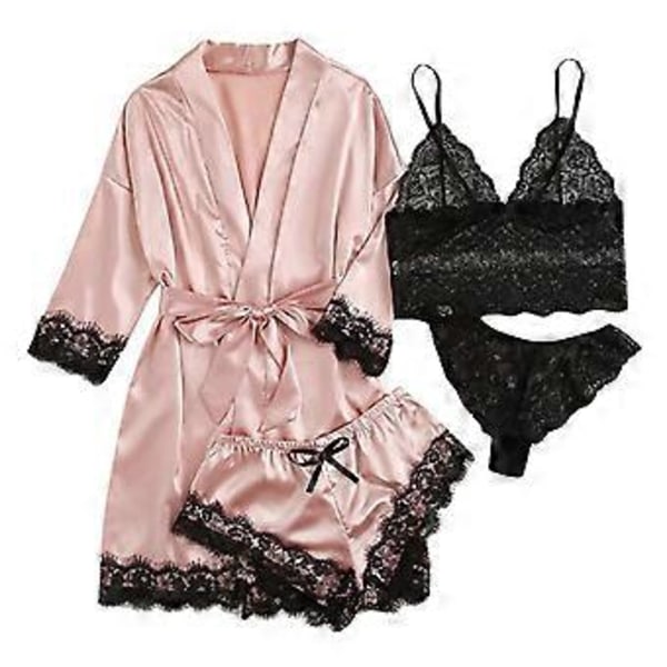 Dam Pyjamas Satin Lingerie Set 4-delars Nattkläder Hemkläder Sovkläder Sexig Spets Blommig Pjs med Kjol Lila(S cameo brown)