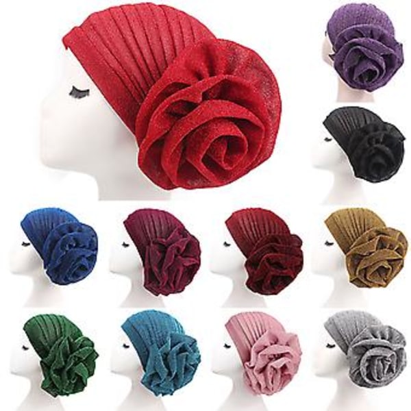 Hodeplagg for kvinner med glitter, for hårtap, kjemoterapi, turban, muslimsk blomsterdekorert hatt (sølv)
