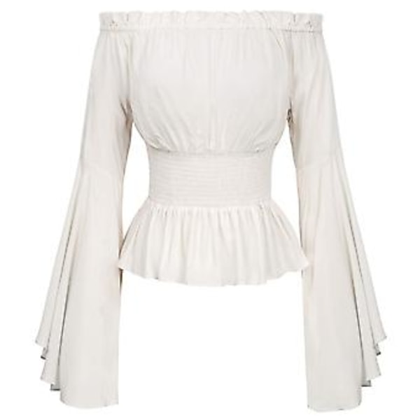 Kvinners renessansebluse, enkel elastisk midje, topp, middelaldersk viktoriansk, off shoulder, langærmet skjorte, pirat cosplay-kostyme (S hvit)