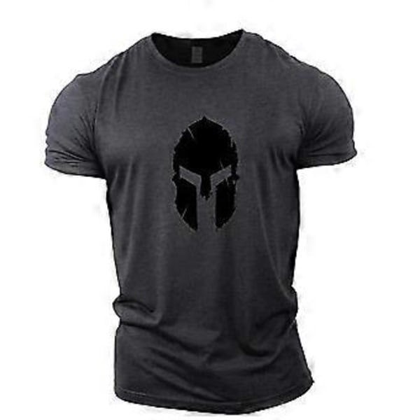Mænds Ren Bomuld Hjelm Mønster Gym Træning Top Kortærmet T-Shirt (S Mørkegrå Sort)