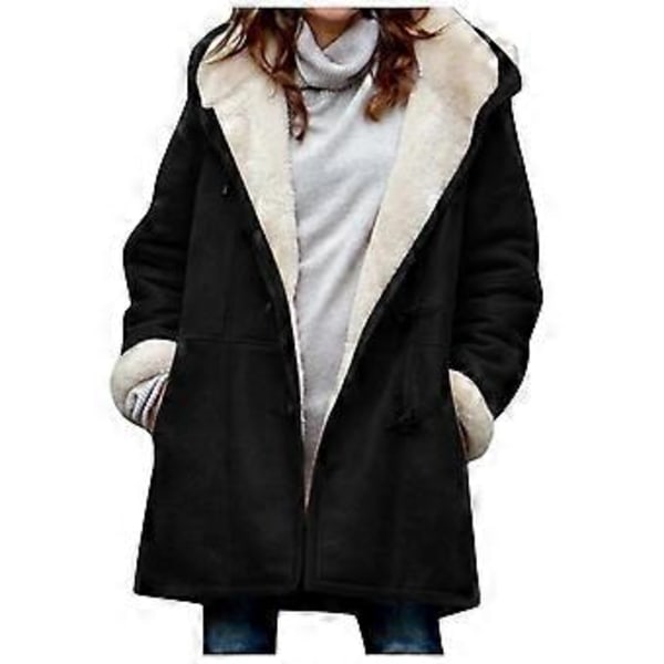 Dame Vinter Langærmet Tyk Plus Fløjl Hætte Casual Bomuld Varm Jakke Fleece Varm Frakke Hættetrøje Overtøj 1 stk (2XL Sort)