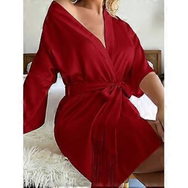 Sexy nattkjole og morgenkåpe for kvinner i sateng med frynser (XL rød)