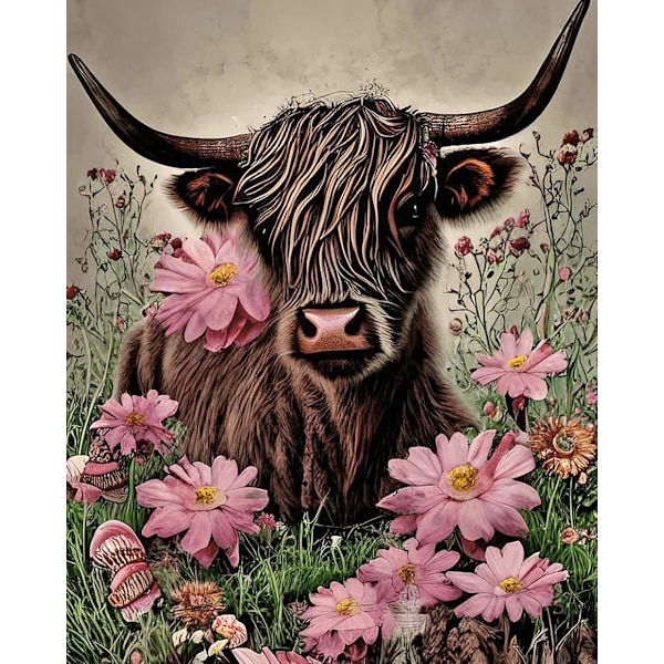 5D Diamantmålningssatser för vuxna Highland Cow och Flower Diamond Art Kits, Full Drill DIY Crystal Rhinestone Painting