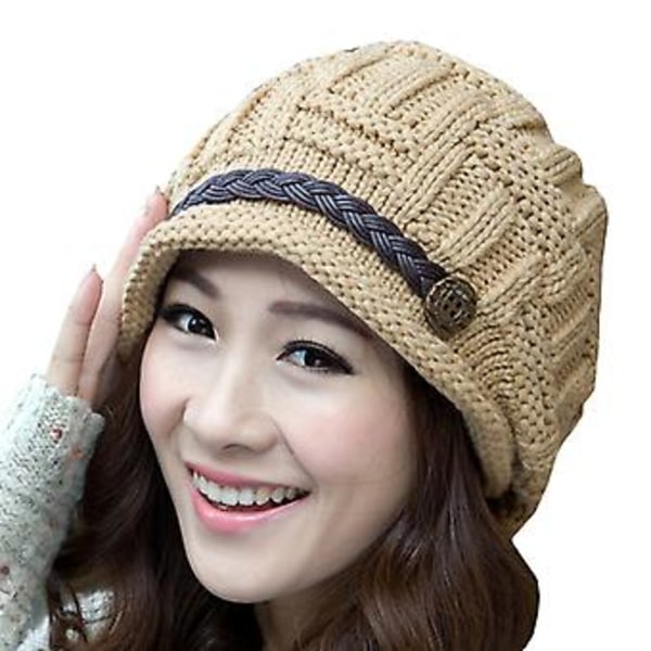 Dames Strikket Hæklet Beanie Hat Stræk Løstsiddende Vintervarmer Ski Slouch Cap (Khaki)