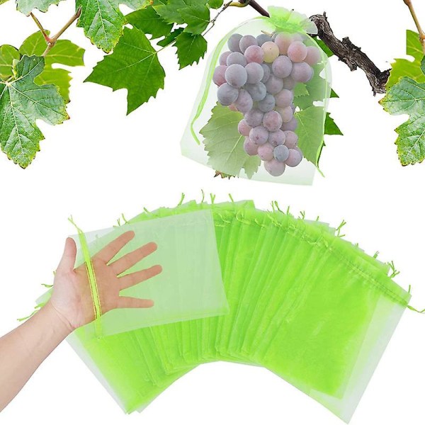 50 Stk Penetrating Light Frugtbeskyttelsesposer Organza Fruit Netting Barrier Bags,have Plant Frugt Mesh Poser Med Snøre.13*18CM.Grøn