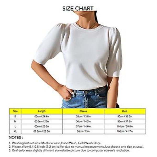 Dame Strikket T-shirt Kort Puffærmer Stramme Manchetter Ren Farve Casual Sommer Top Til Daglig Brug (L Hvid)