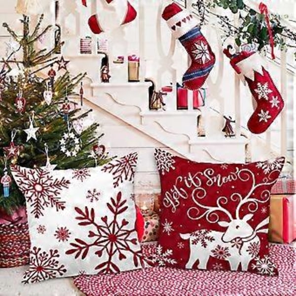 Vita och Röda 12x12 Jul Kuddfodral Set om 4, Dekorativa 12 Tums Vinter Snöflinga Kuddfodral Jul Kuddfodral för inomhus