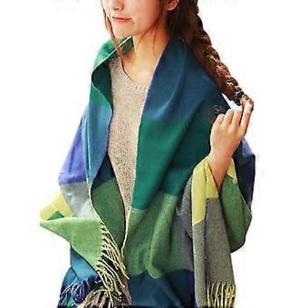 Dam Tartan Scarf Stor Rutig Sjal Vinter Oversized (Blå Och Grön)